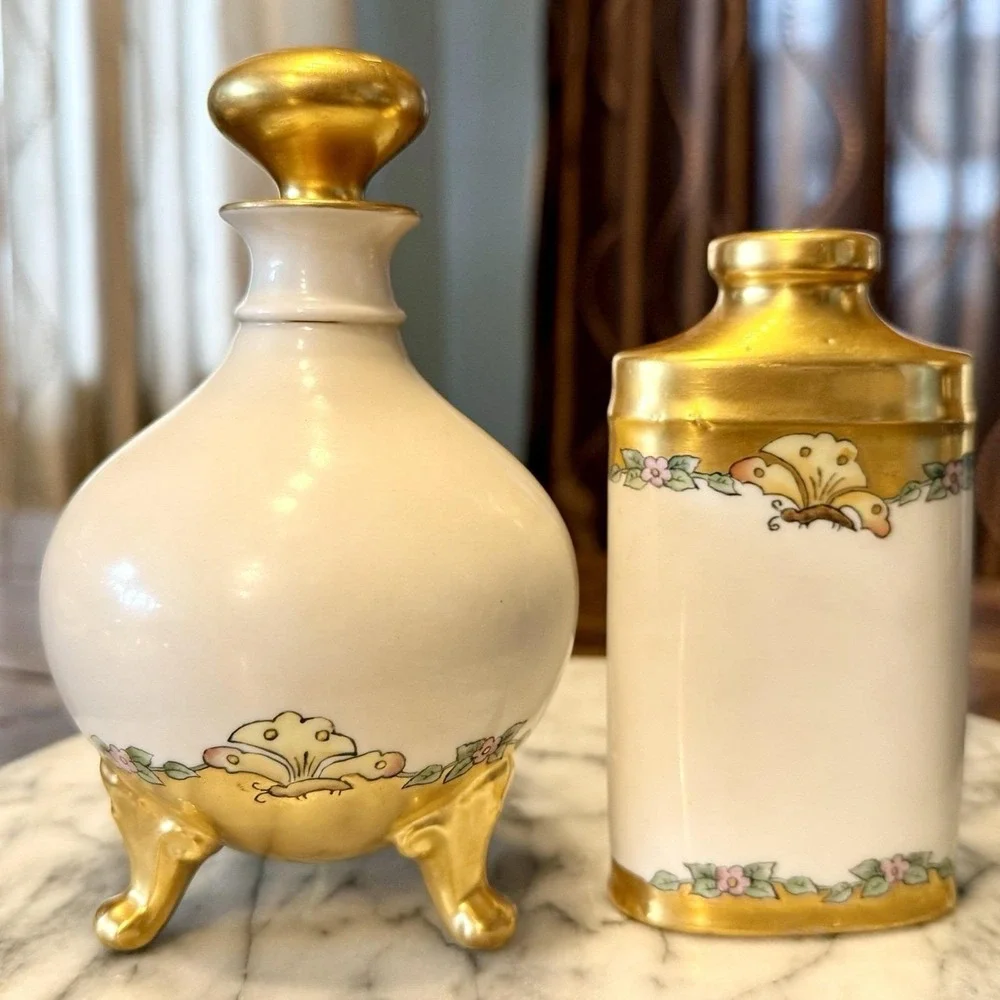 9pc VTG Antique Limoges France Hand-Painted Gold Butterfly Vanity Set Dresser